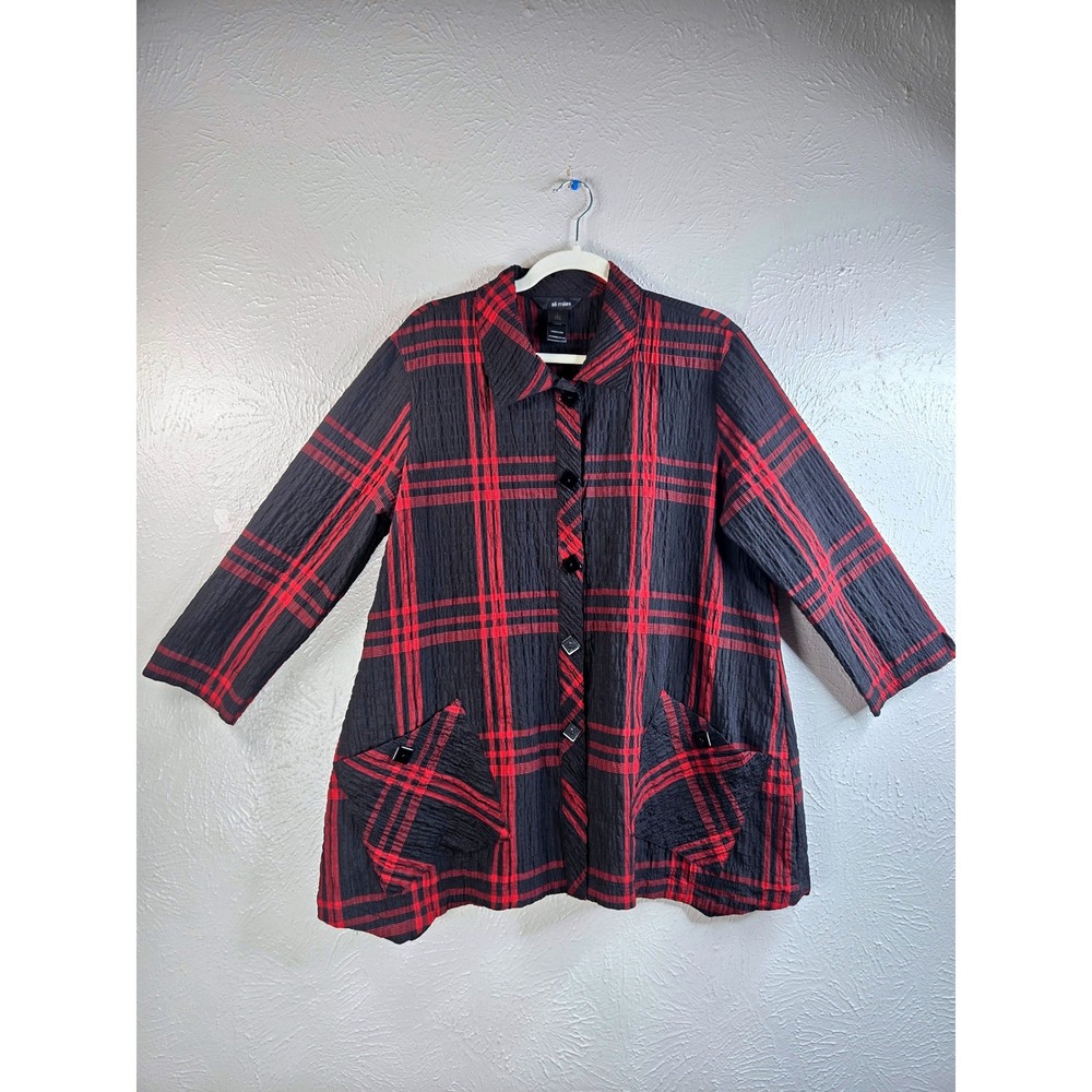 Ali Miles Button Up Tunic Top Large Black Red Plaid Crinkle Artsy Relaxed Shirt